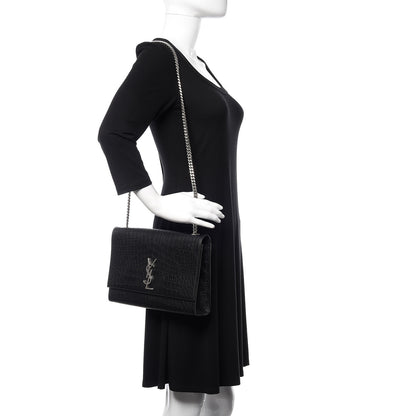Saint Laurent Calfskin Crocodile Embossed Large Classic Monogram Kate Satchel Black 2 of 10