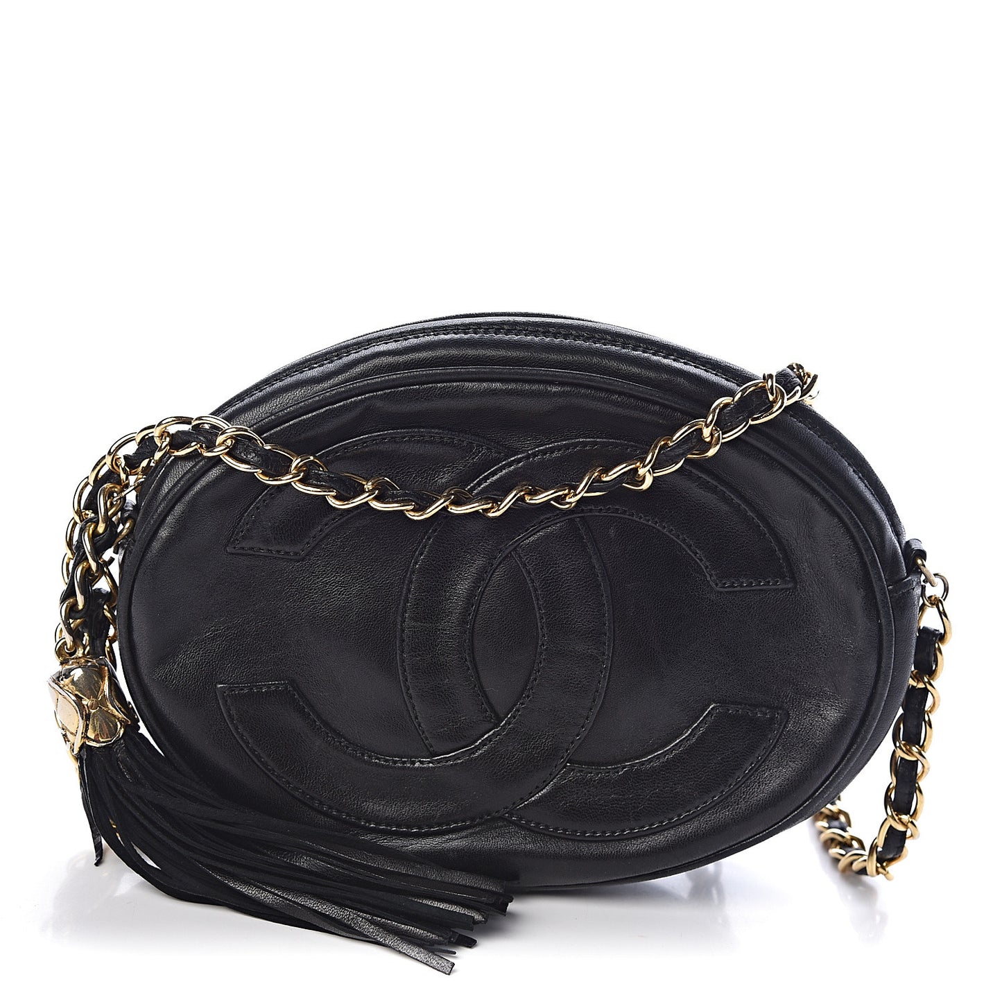 Lambskin Round Tassel Crossbody Bag Black