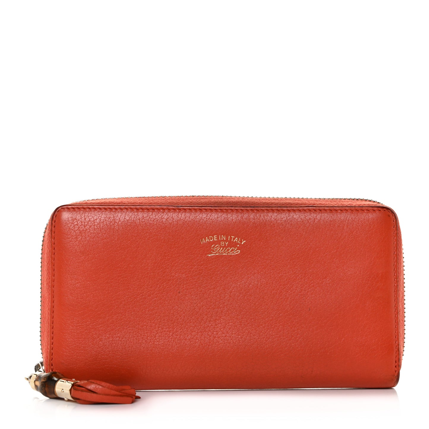 Pebbled Calfskin Bamboo Tassel Zip Around Wallet Orange