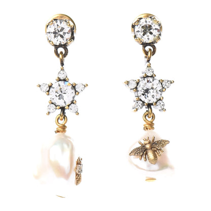 Christian Dior Crystal Pearl Star Bee Earrings Aged Gold 1 of 4