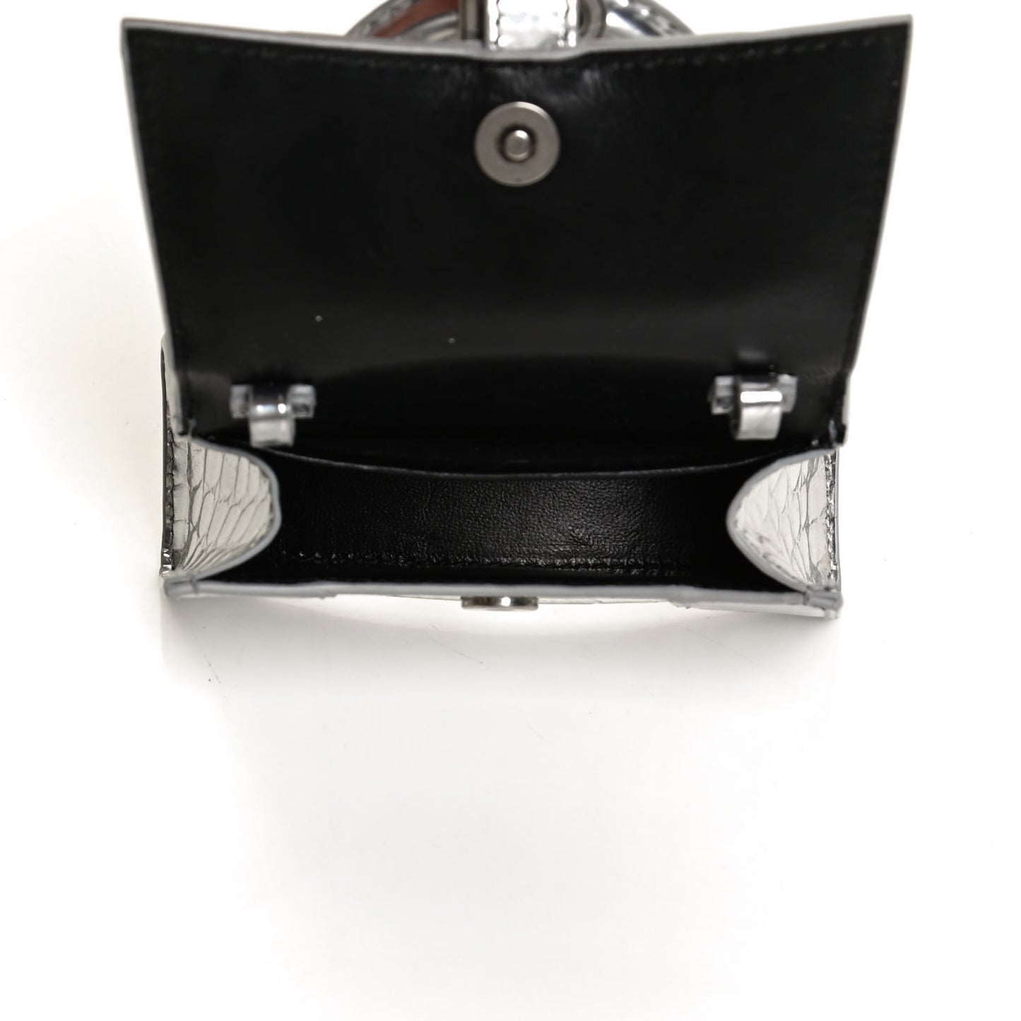 Metallic Calfskin Crocodile Embossed Hourglass Top Handle Bag Mini Silver