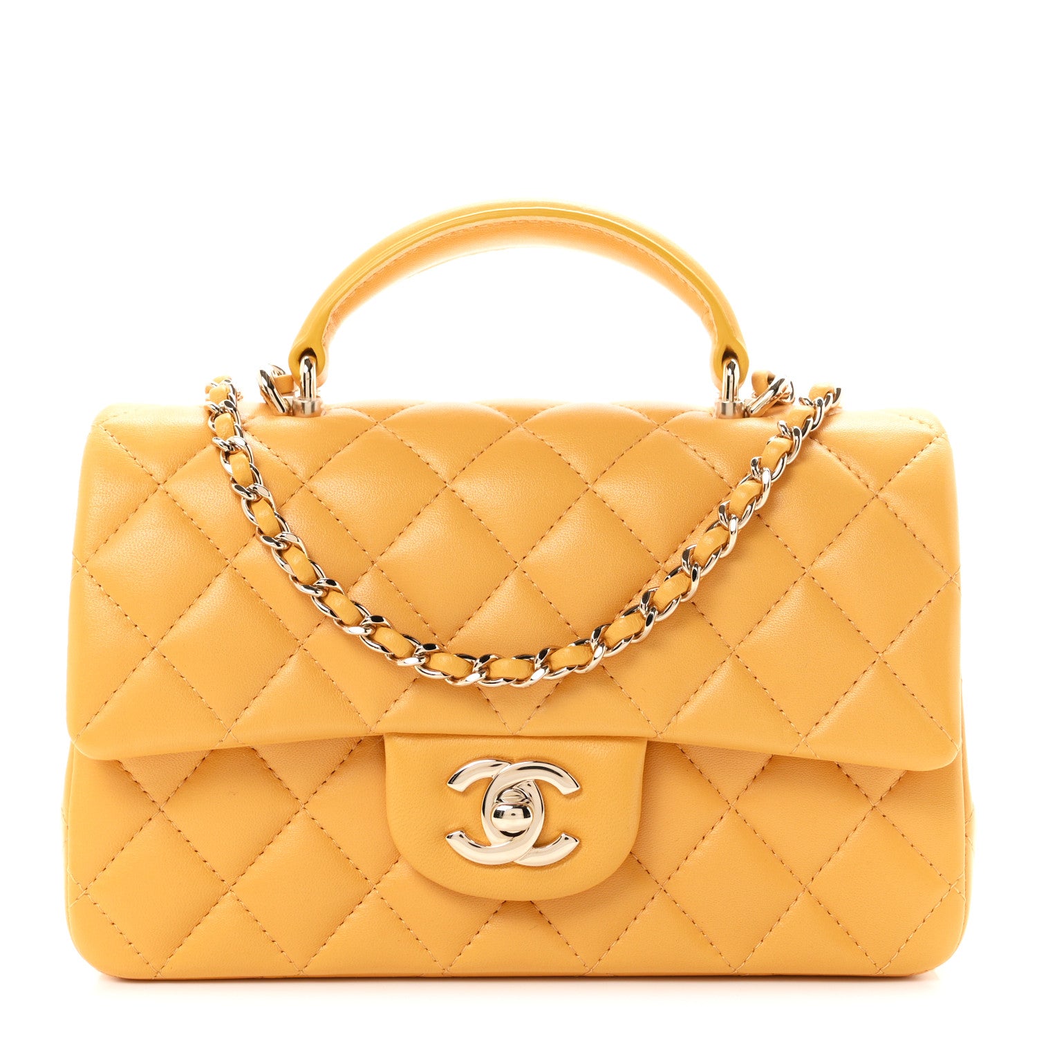 Chanel Lambskin Quilted Mini Top Handle Rectangular Flap Yellow 1 of 11