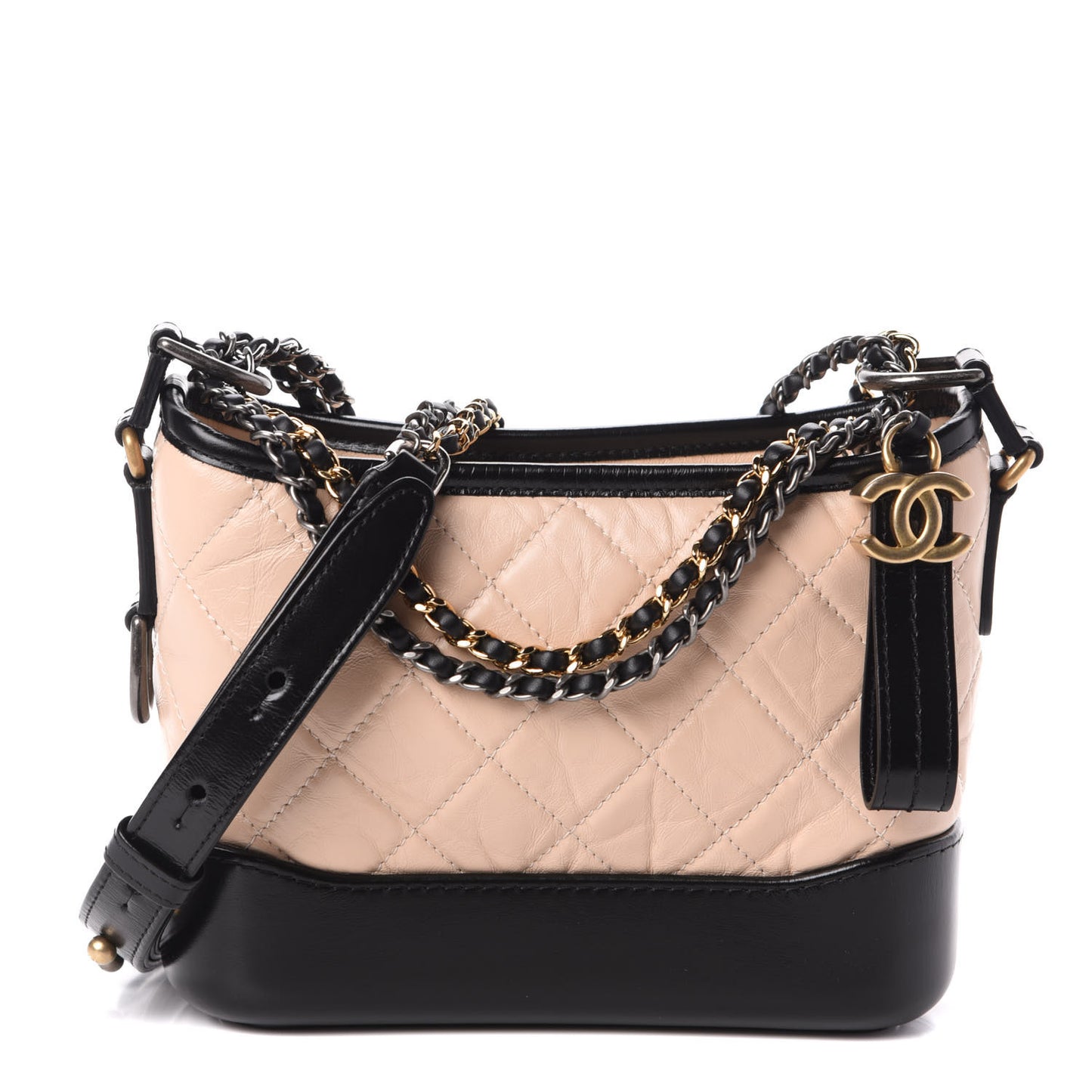 Aged Calfskin Quilted Small Gabrielle Hobo Beige Black