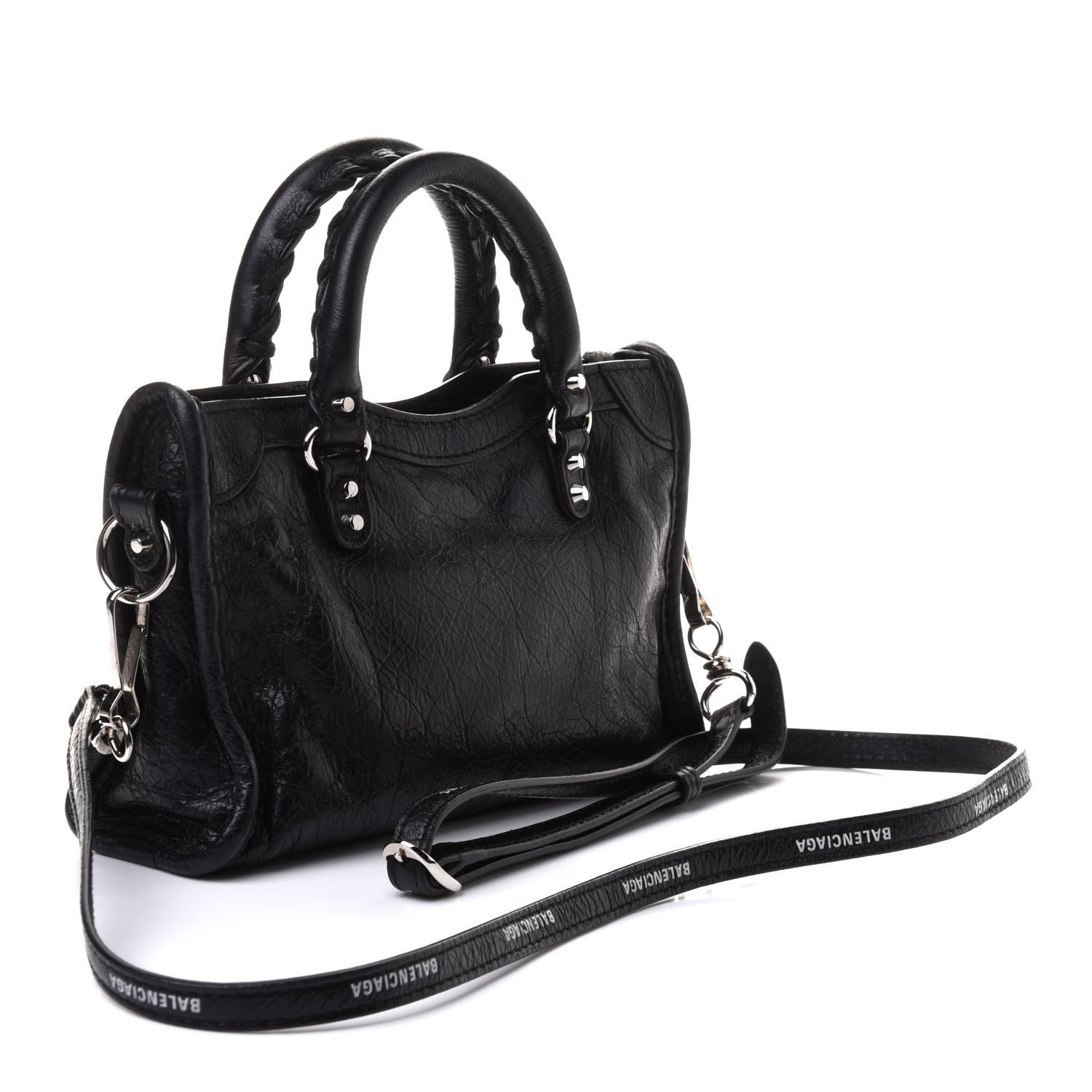 Balenciaga Agneau Classic Silver Hardware Nano City Logo Strap Black White 2 of 9