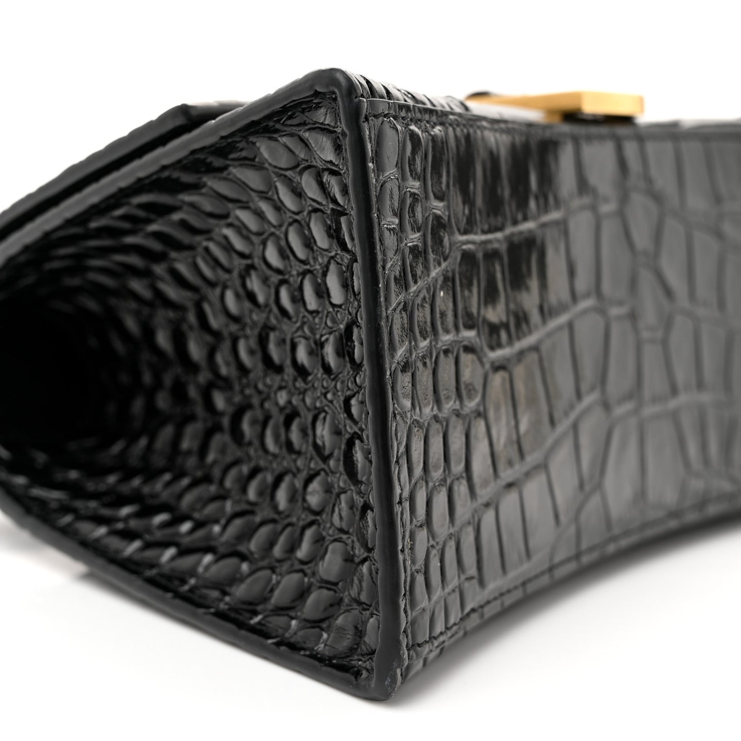 Shiny Calfskin Crocodile Embossed Small Hourglass Top Handle Bag Black