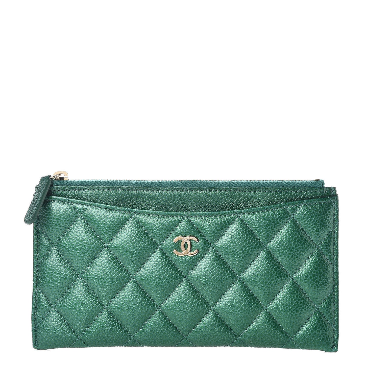 Metallic Caviar Quilted Classic Zip Pouch Green