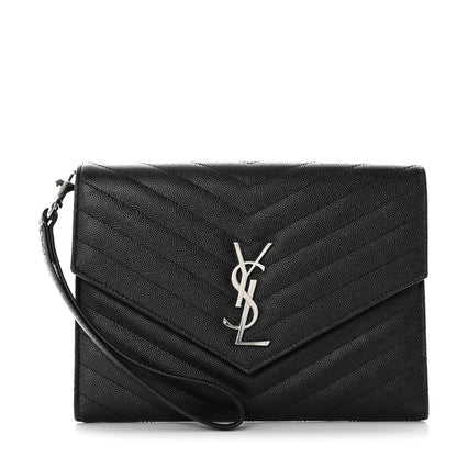 Saint Laurent Grain De Poudre Matelasse Chevron Monogram Envelope Clutch Black 1 of 8