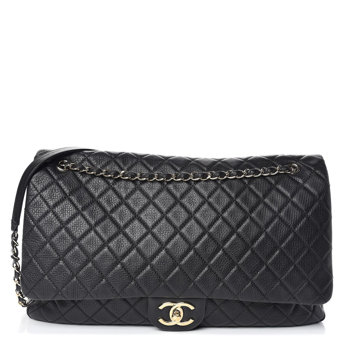 Calfskin Quilted XXL Travel Flap Bag Black