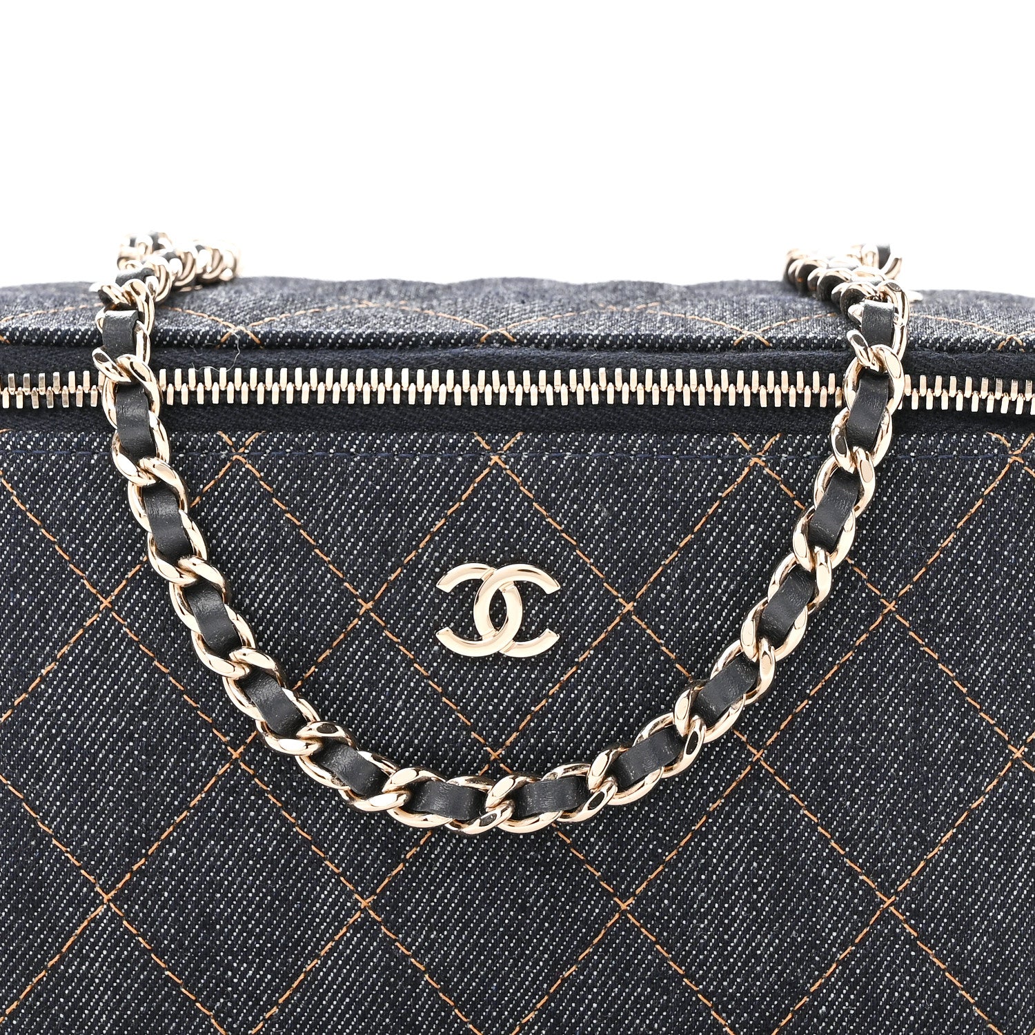 Chanel Denim Quilted Small Vanity Case With Chain Dark Blue Orange 8 of 11
