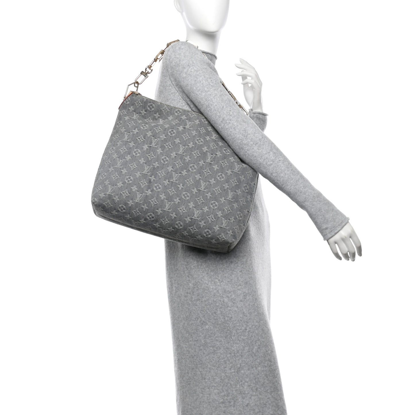 Monogram Denim Coussin Hobo MM Washed Gray