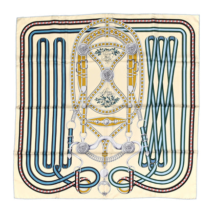 Hermes Silk Twill Grand Tralala 90 Creme Bleu Moutard 1 of 4