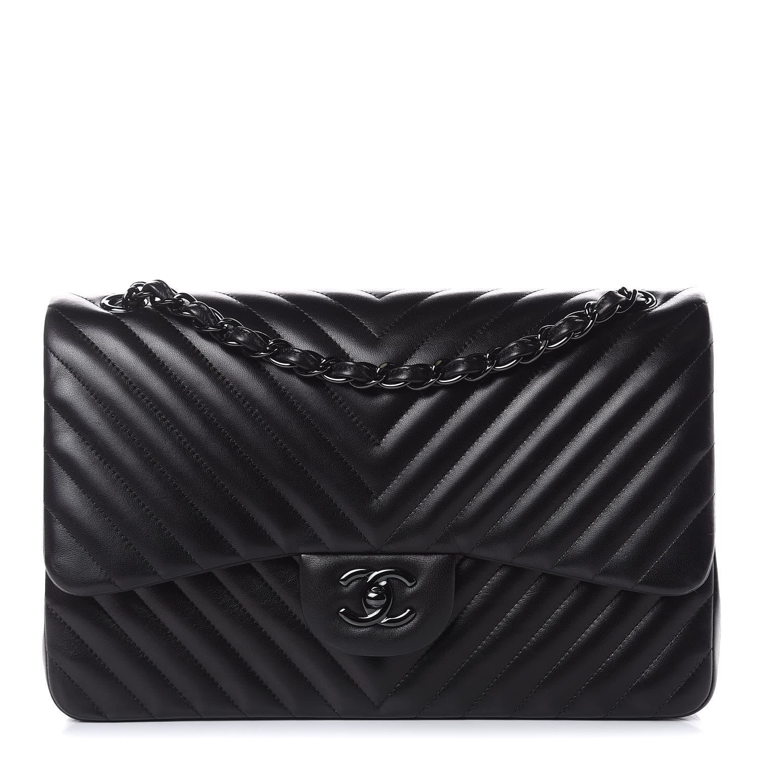 Chanel Lambskin Chevron Quilted Jumbo Double Flap So Black 1 of 12