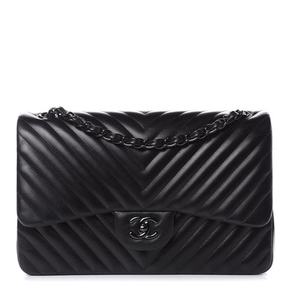 Chanel Lambskin Chevron Quilted Jumbo Double Flap So Black 1 of 12