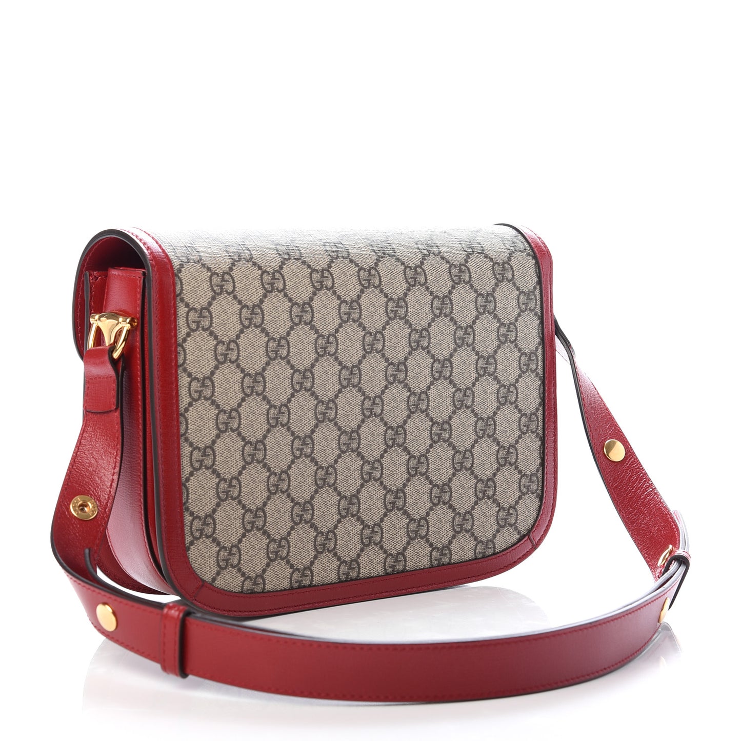 GG Supreme Monogram Azalea Calfskin Horsebit 1955 Shoulder Bag Beige Ebony New Cherry Red