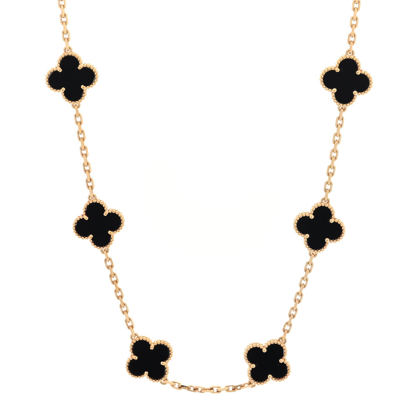 18K Yellow Gold Black Onyx 10 Motifs Vintage Alhambra Necklace