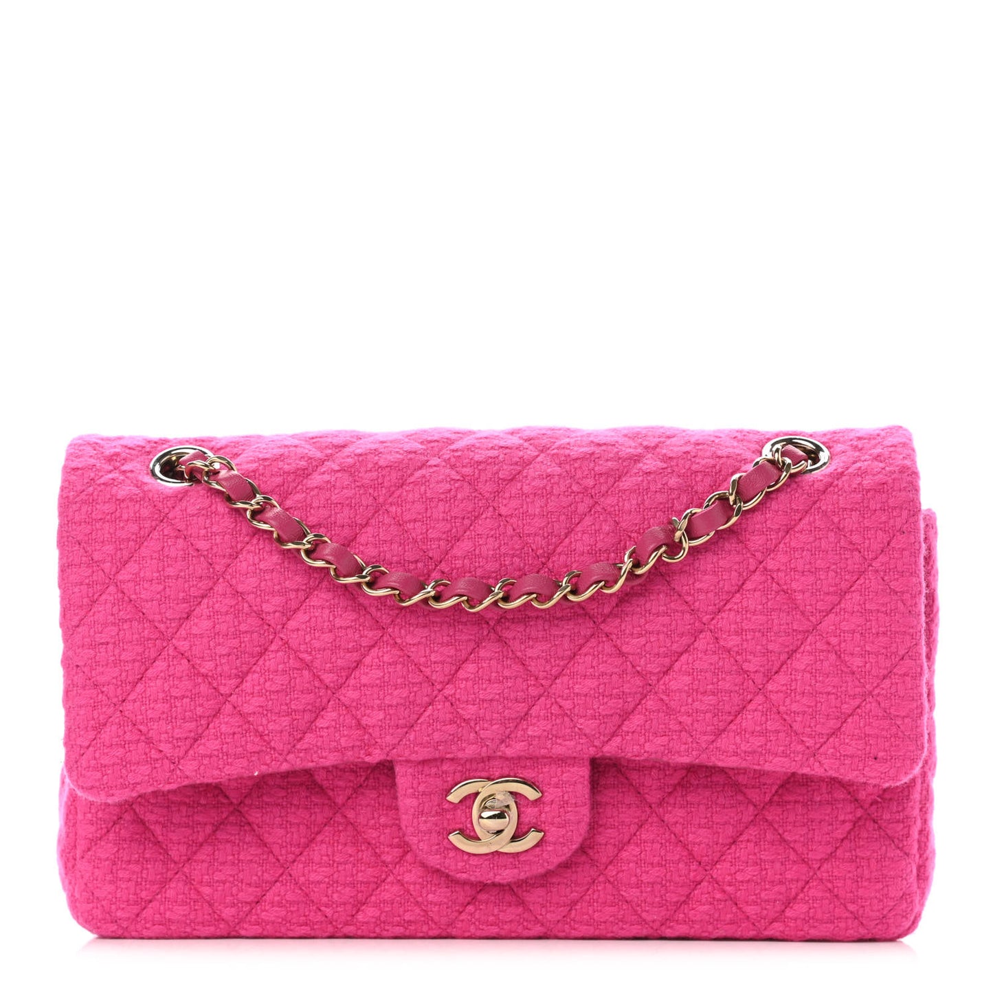 Tweed Quilted Medium Double Flap Fuchsia