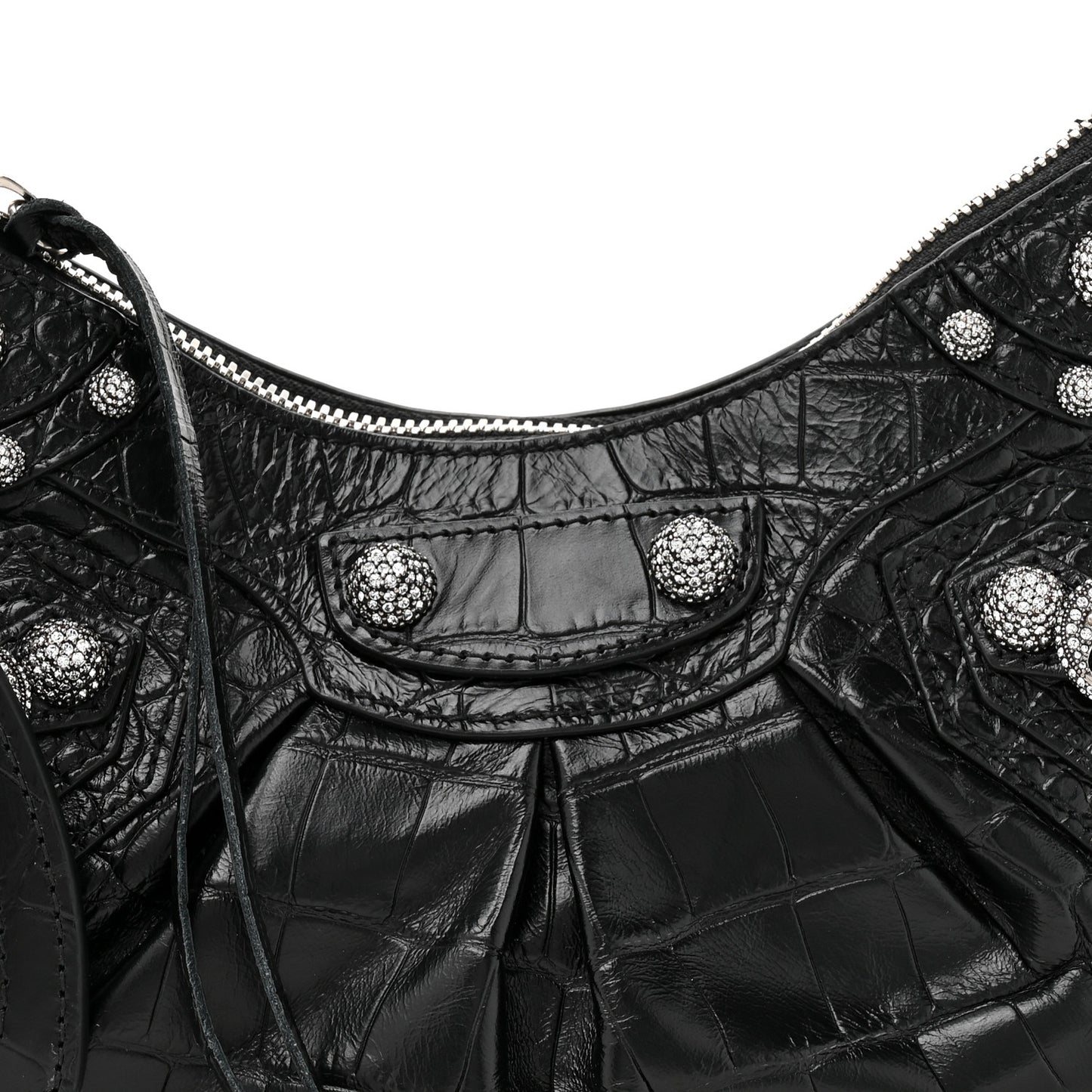 Extra Supple Calfskin Crystal Crocodile Embossed Le Cagole Shoulder Bag XS Black
