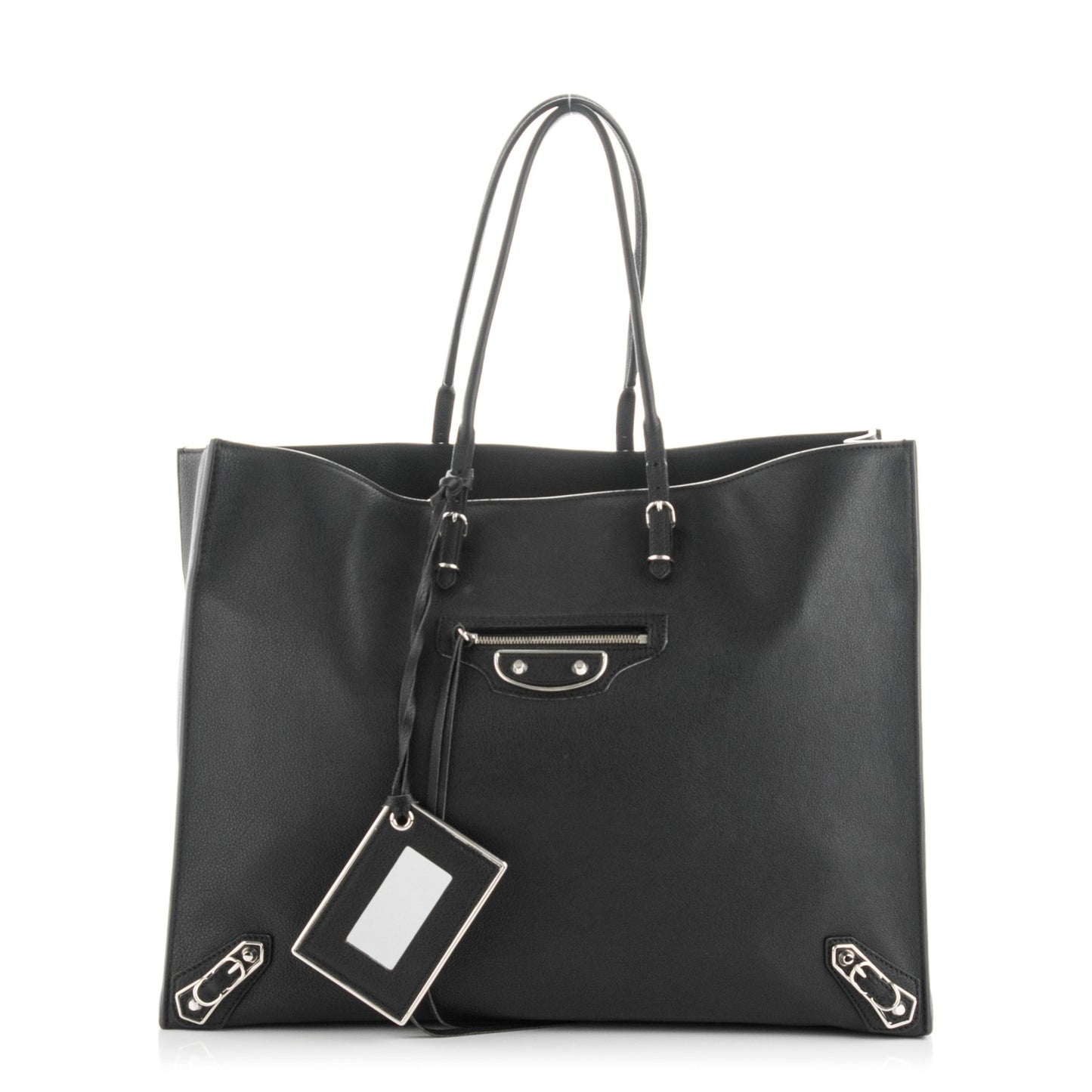 Grained Calfskin Silver Metallic Edge Hardware Papier A4 Tote Black