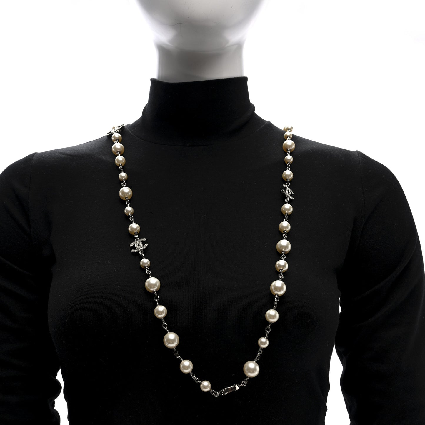 Graduated Pearl Crystal CC Long Necklace Silver
