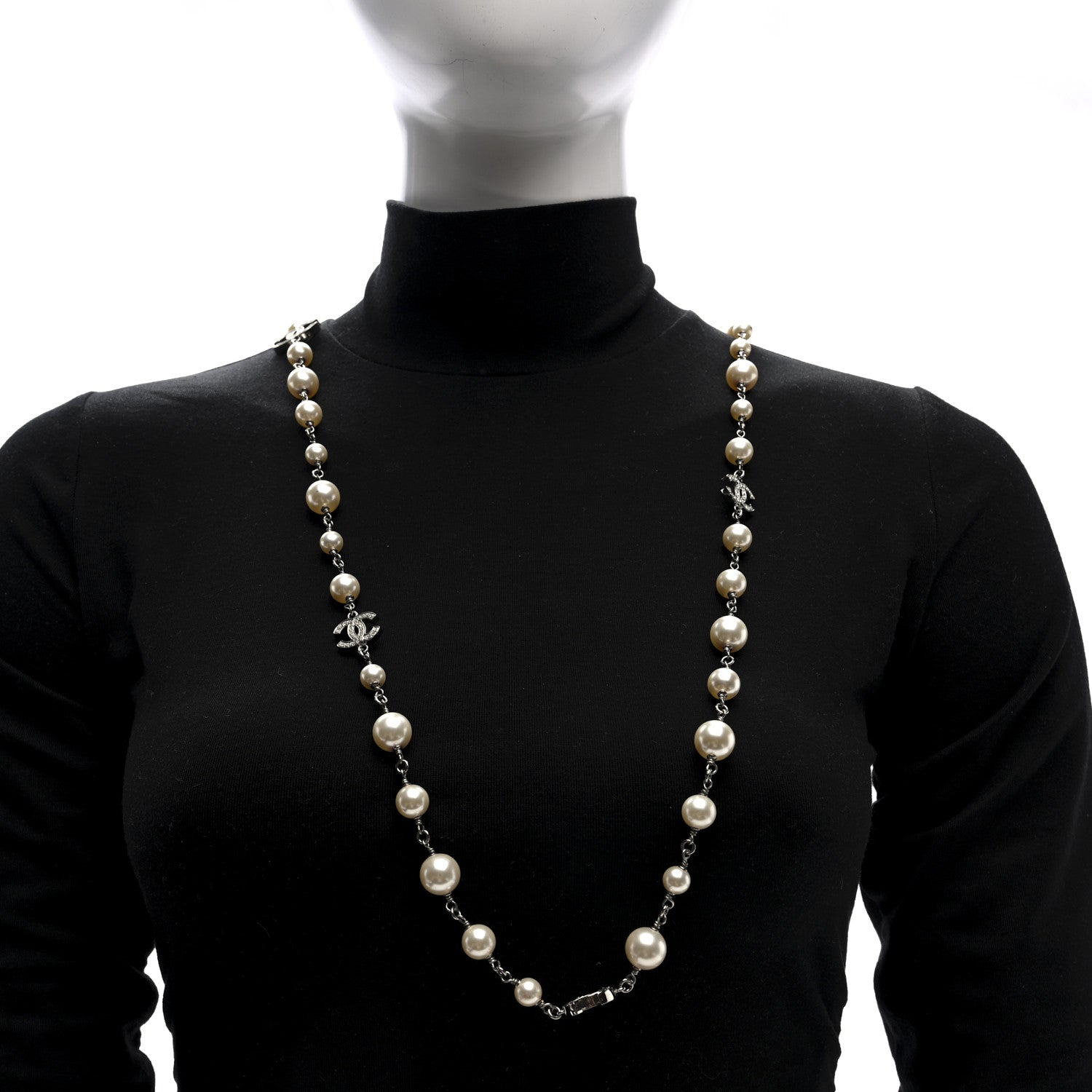 Chanel Graduated Pearl Crystal CC Long Necklace Silver 2 of 4