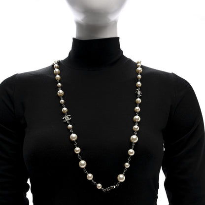 Chanel Graduated Pearl Crystal CC Long Necklace Silver 2 of 4