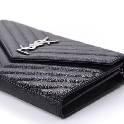 Saint Laurent Grain De Poudre Matelasse Chevron Monogram Chain Wallet Black 7 of 11