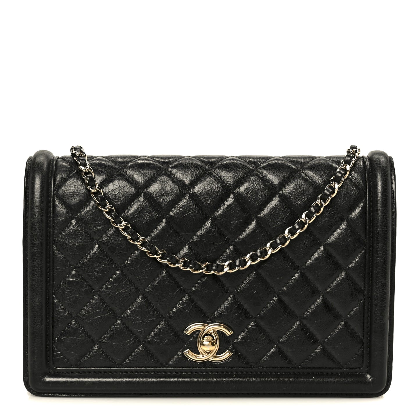 Crumpled Calfskin Quilted Flap Black