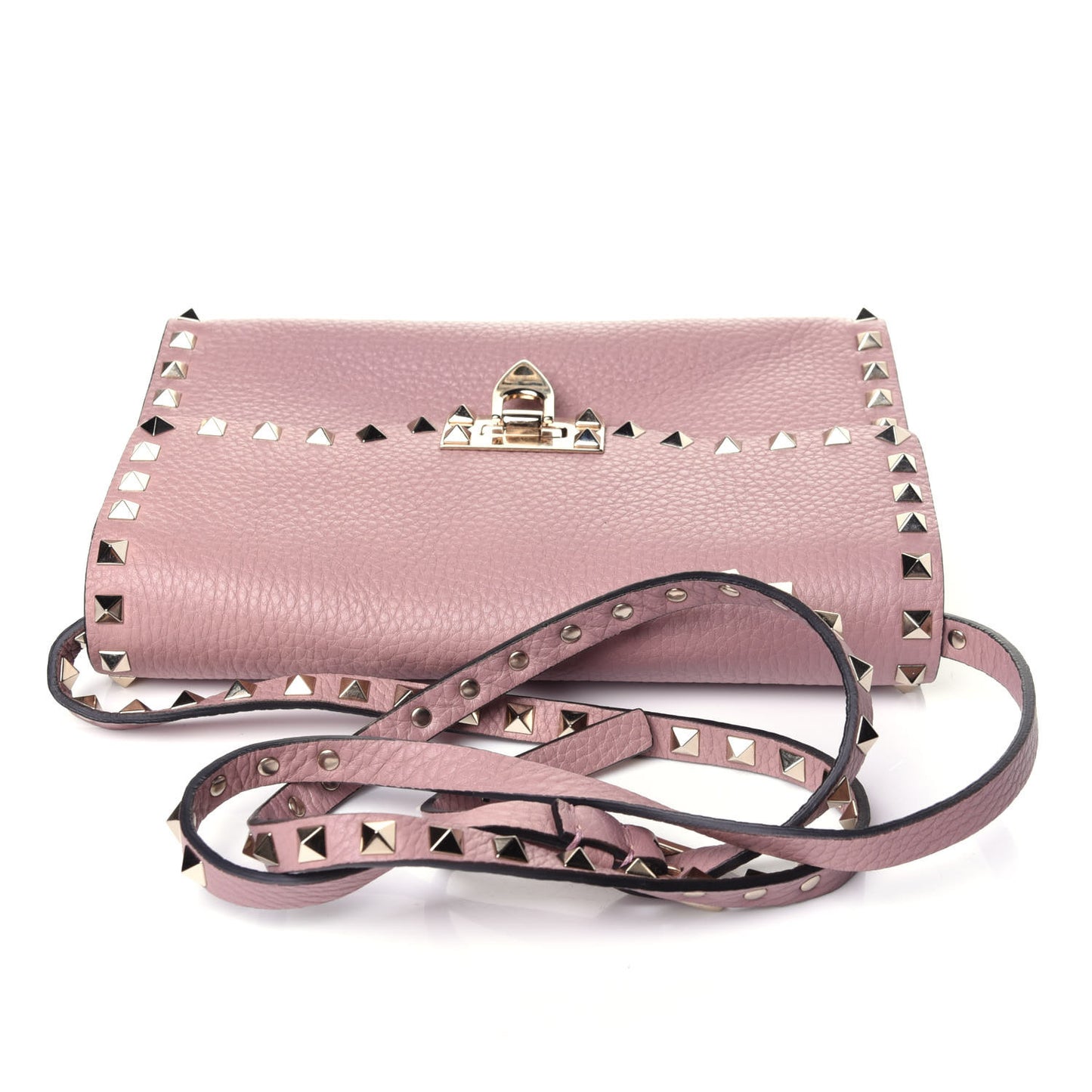 Pebbled Calfskin Medium Rockstud Flip Lock Crossbody Bag Water Rose