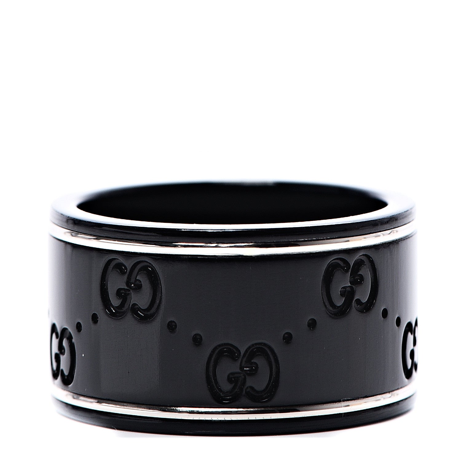 Gucci Black Synthetic Corundum 18K White Gold 12mm Icon Band Ring 57 8 1 of 5
