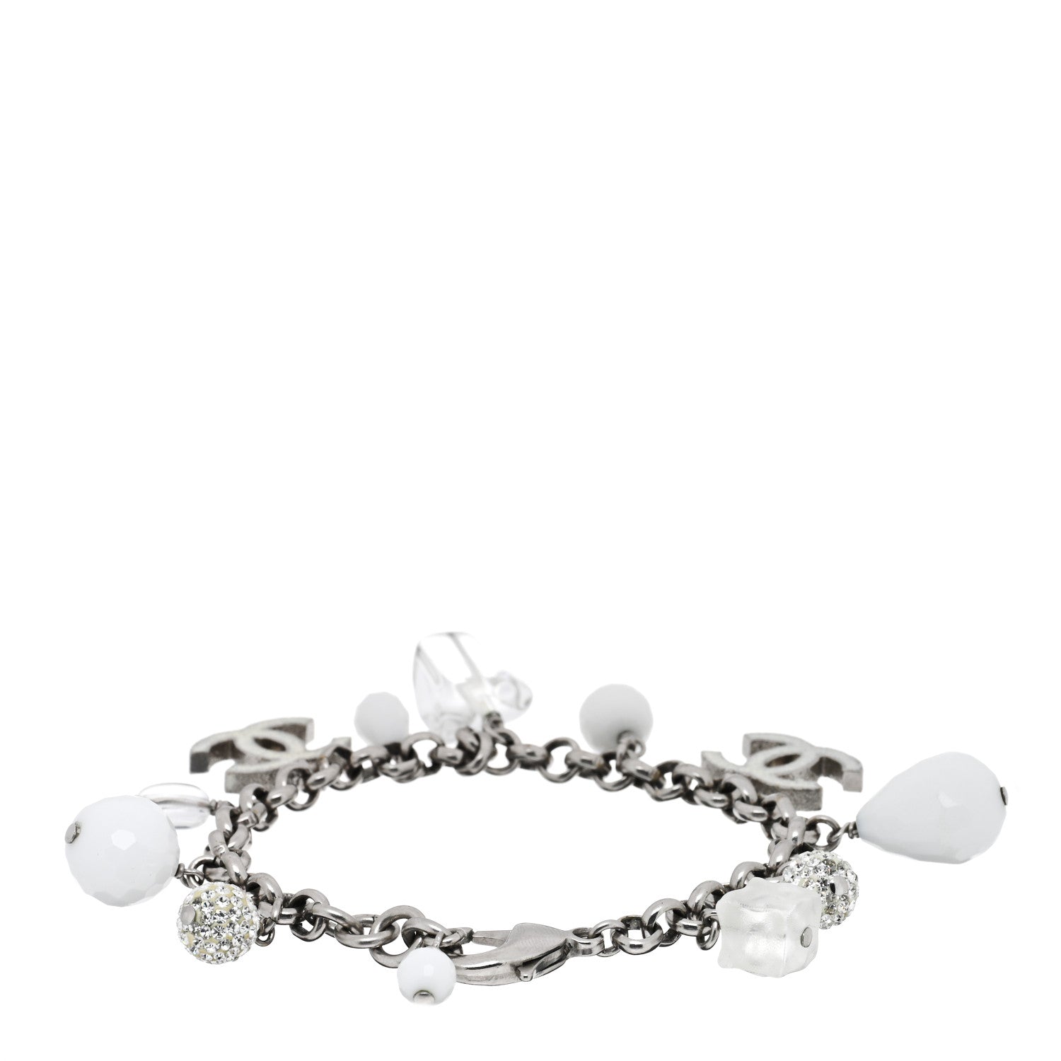 Chanel Enamel Crystal Beaded CC Bracelet Silver White 2 of 3