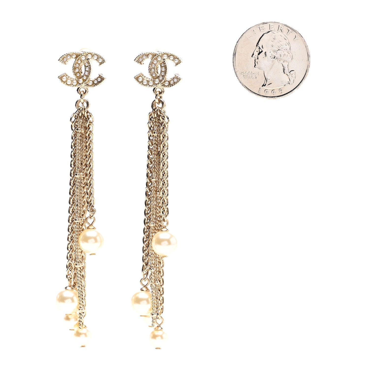 Chanel Pearl Crystal CC Chain Drop Earrings Silver 2 of 4