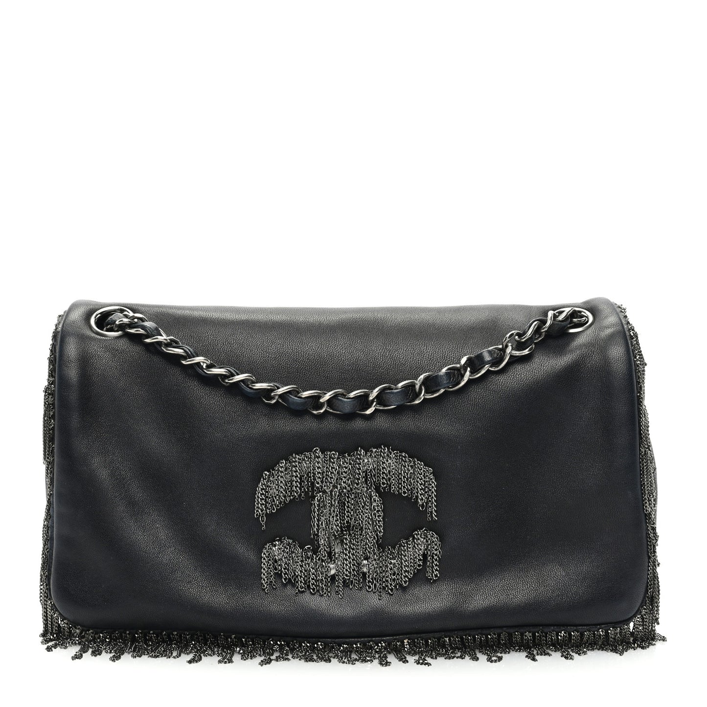 Lambskin Rock And Cabaret Chain Fringe Flap Black