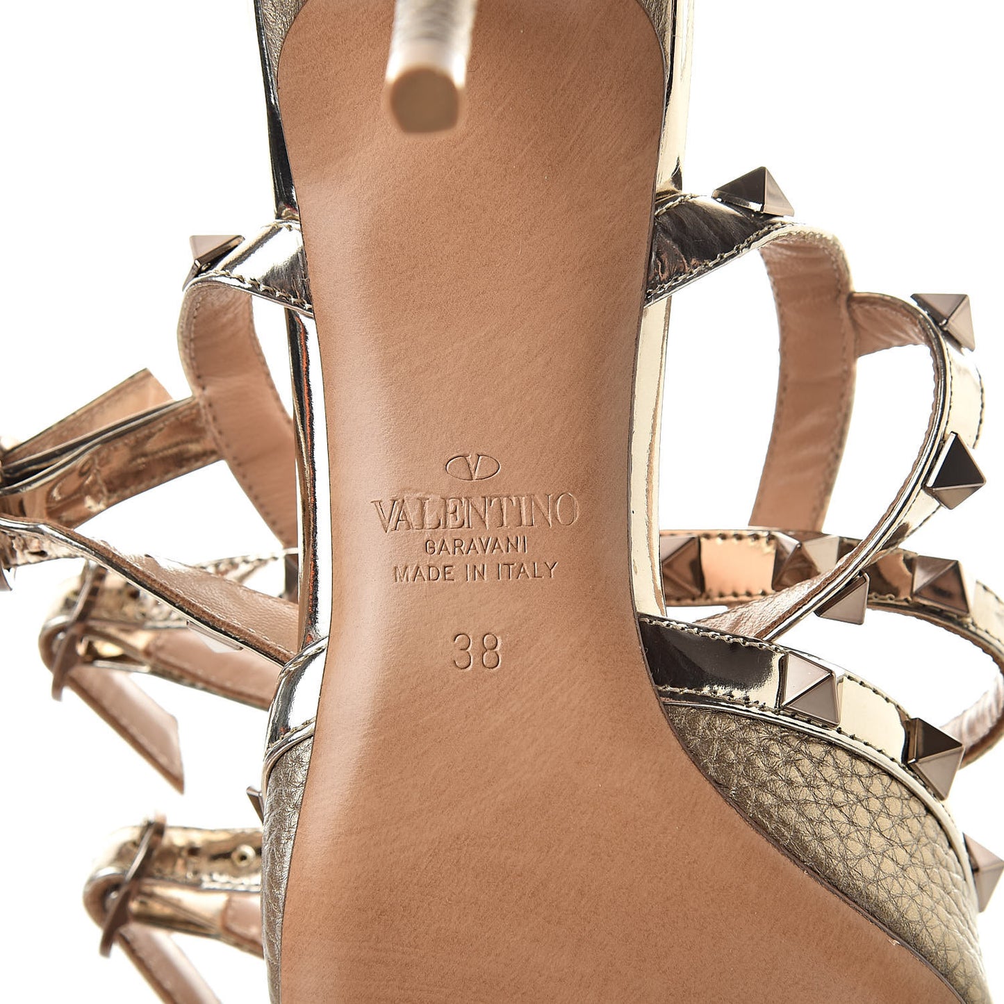 Metallic Pebbled Calfskin Patent Rockstud Ankle Strap 65mm Pumps 38 Skin