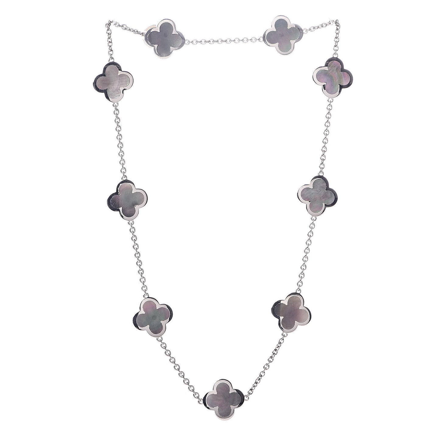 18K White Gold Grey Mother of Pearl 9 Motifs Pure Alhambra Necklace
