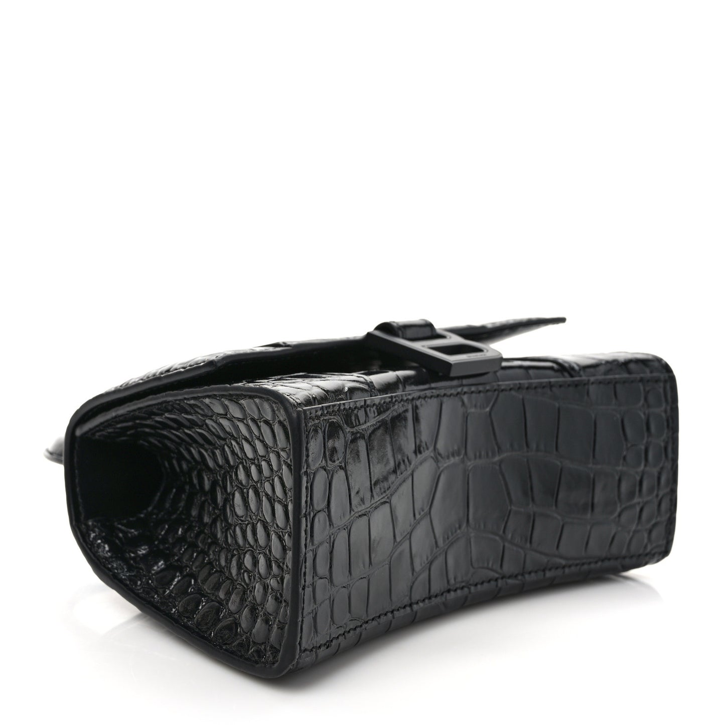 Shiny Calfskin Monochrome Crocodile Embossed Hourglass Top Handle Bag XS Black