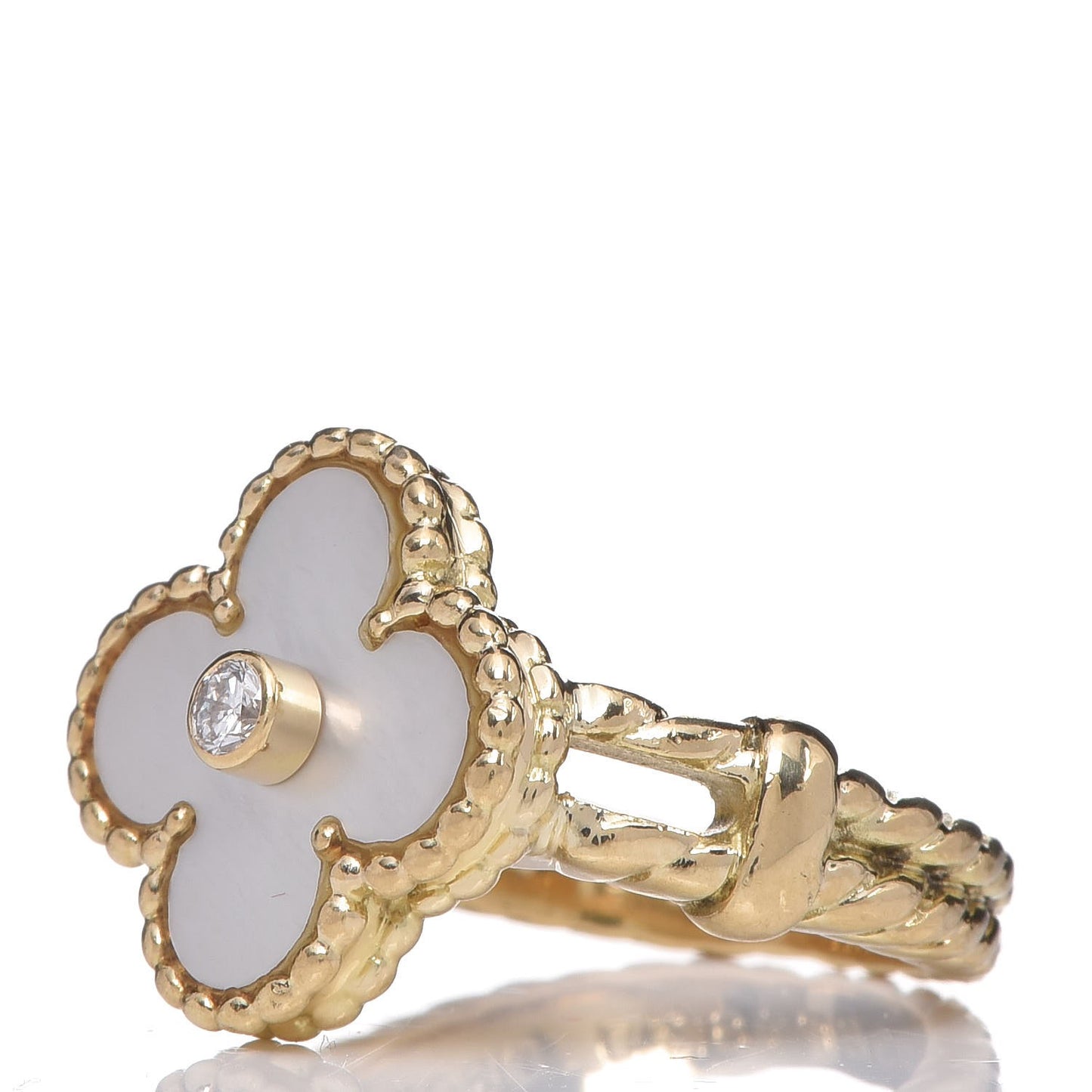 18K Yellow Gold Diamond Mother of Pearl Vintage Alhambra Ring 49 4.75