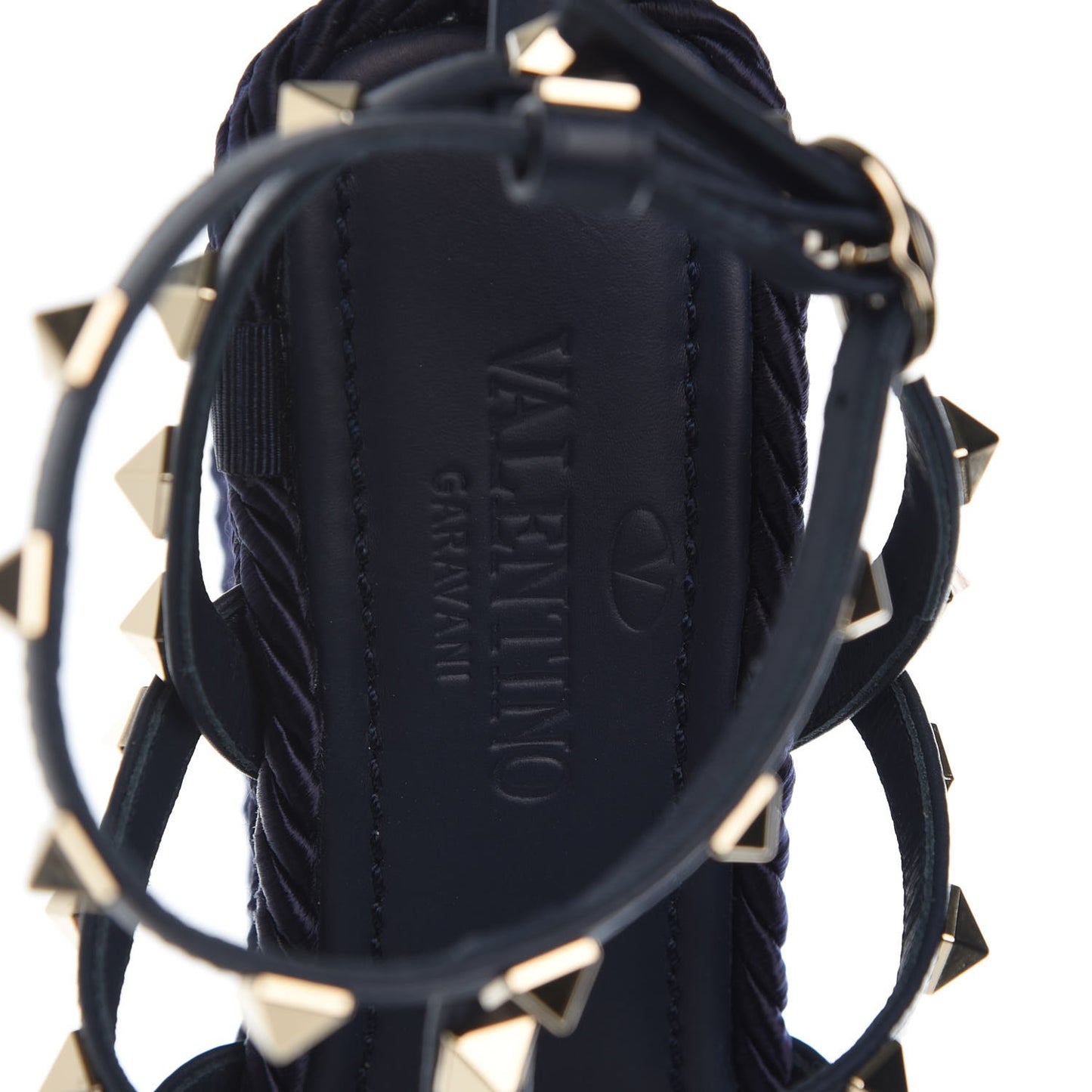 Calfskin Rockstud Ankle Strap Torchon Espadrille Caged Wedge Sandals 36 Navy Blue
