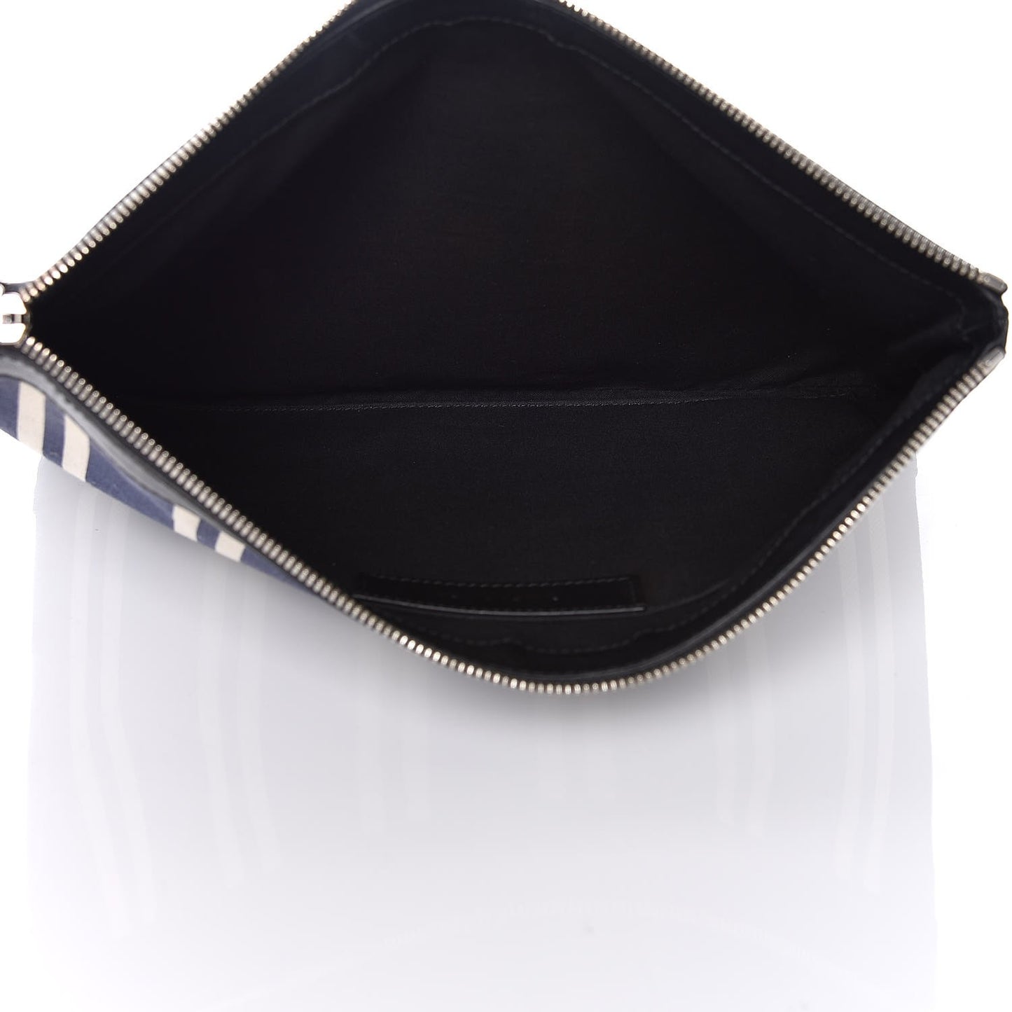 Calfskin Cotton Canvas Striped Logo Clutch Navy