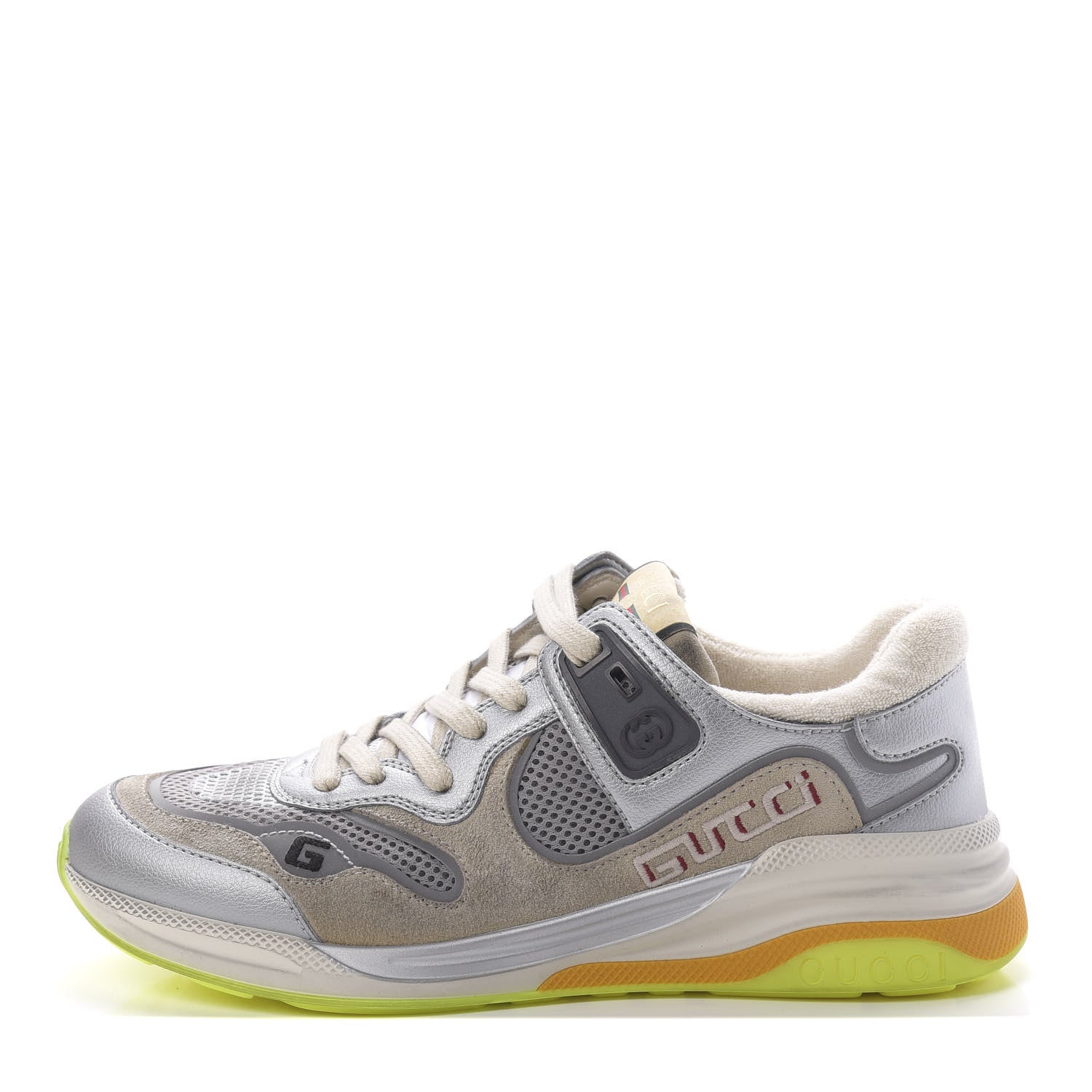Gucci Metallic Calfskin Suede Womens Ultrapace Sneakers 38.5 Silver Oatmeal 1 of 8