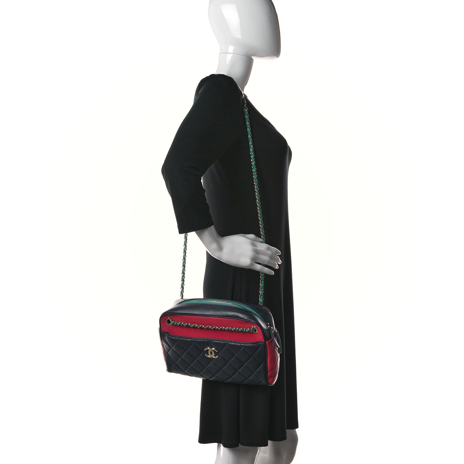 Chanel Goatskin Quilted Tri-Color Medium In & Out Camera Case Navy Turquoise Pink 2 of 13