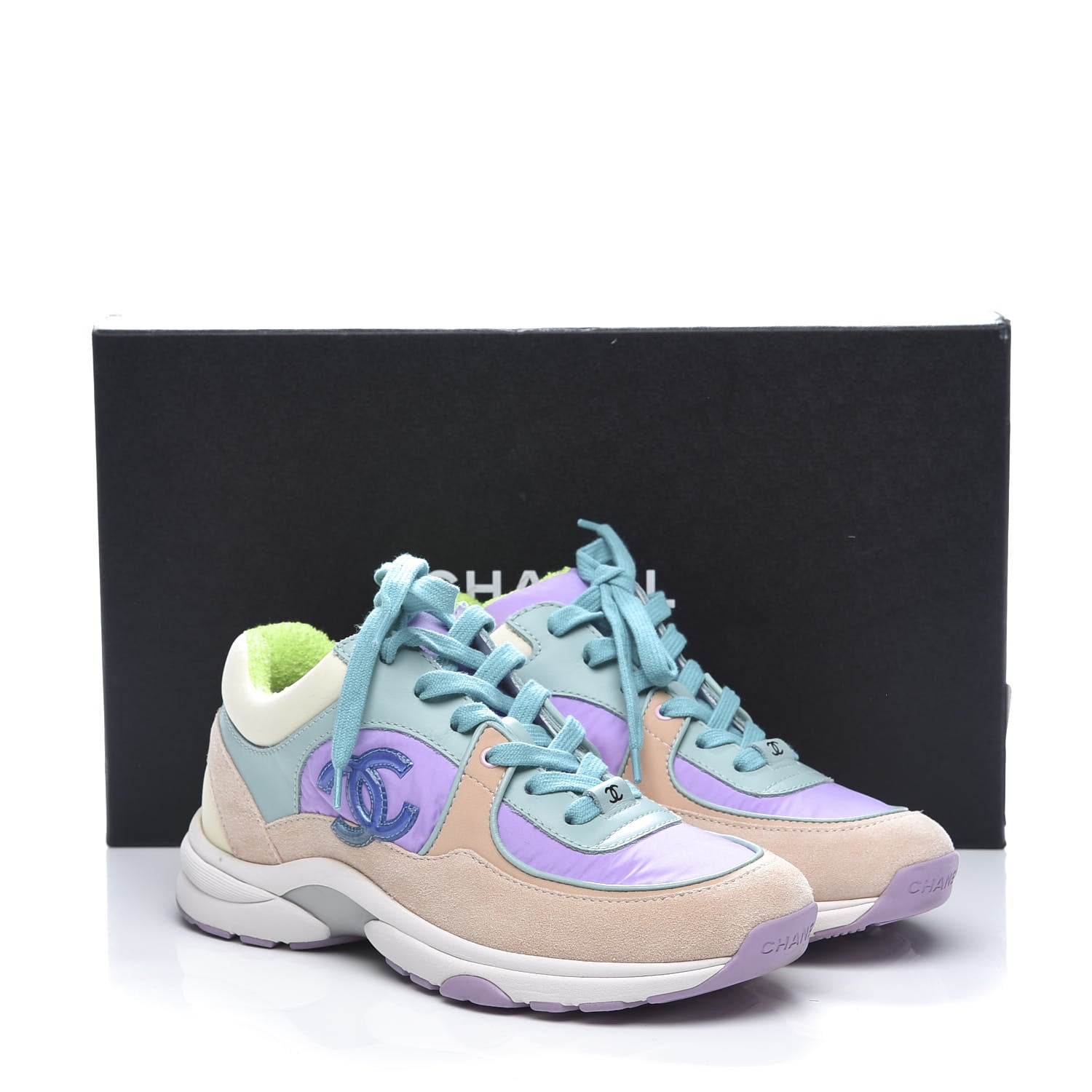 Chanel Nylon Lambskin Suede Calfskin CC Sneakers 36 Green Purple Pink 11 of 11