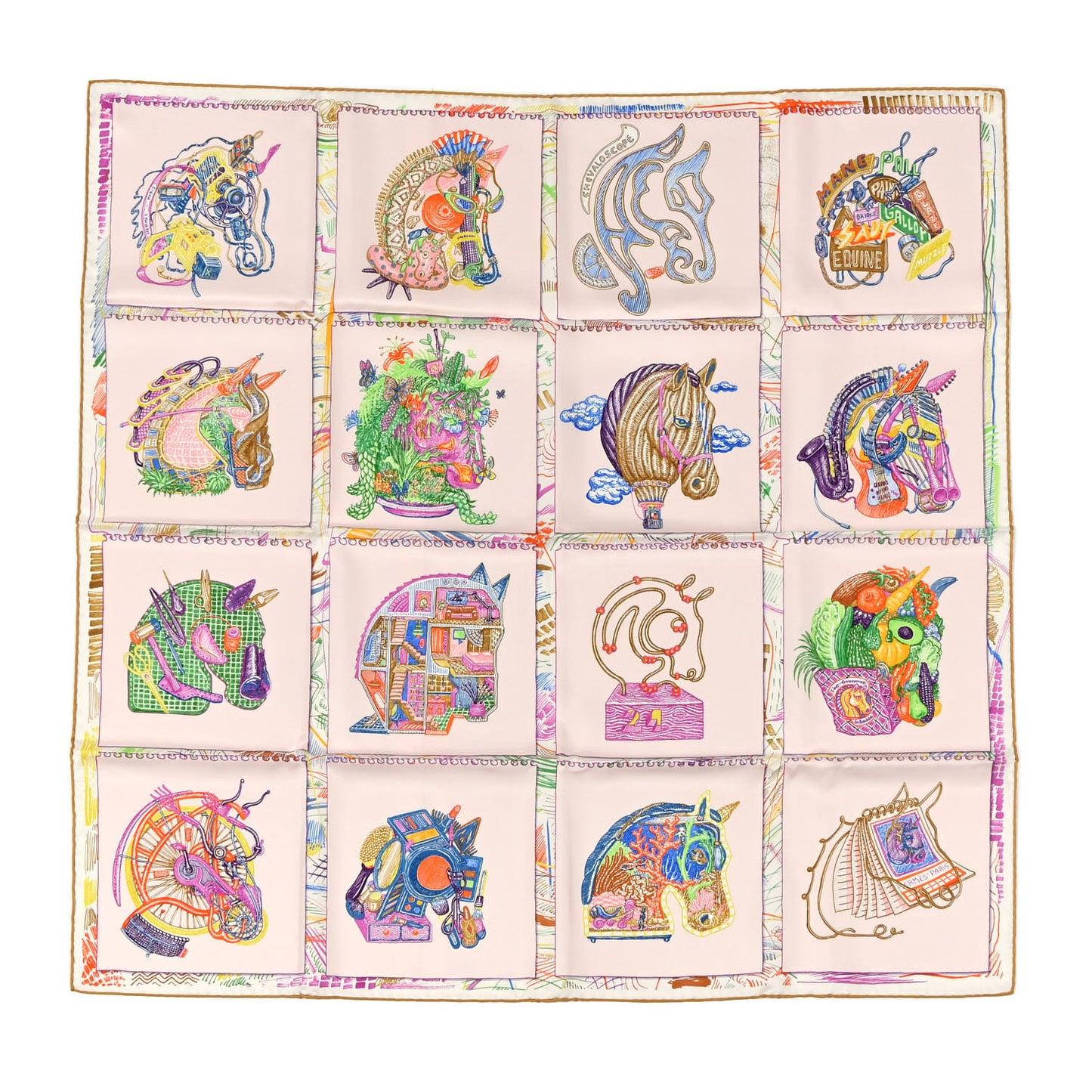 Silk Chevaloscope Scarf 90 Rose Nacre Vert Multicolor