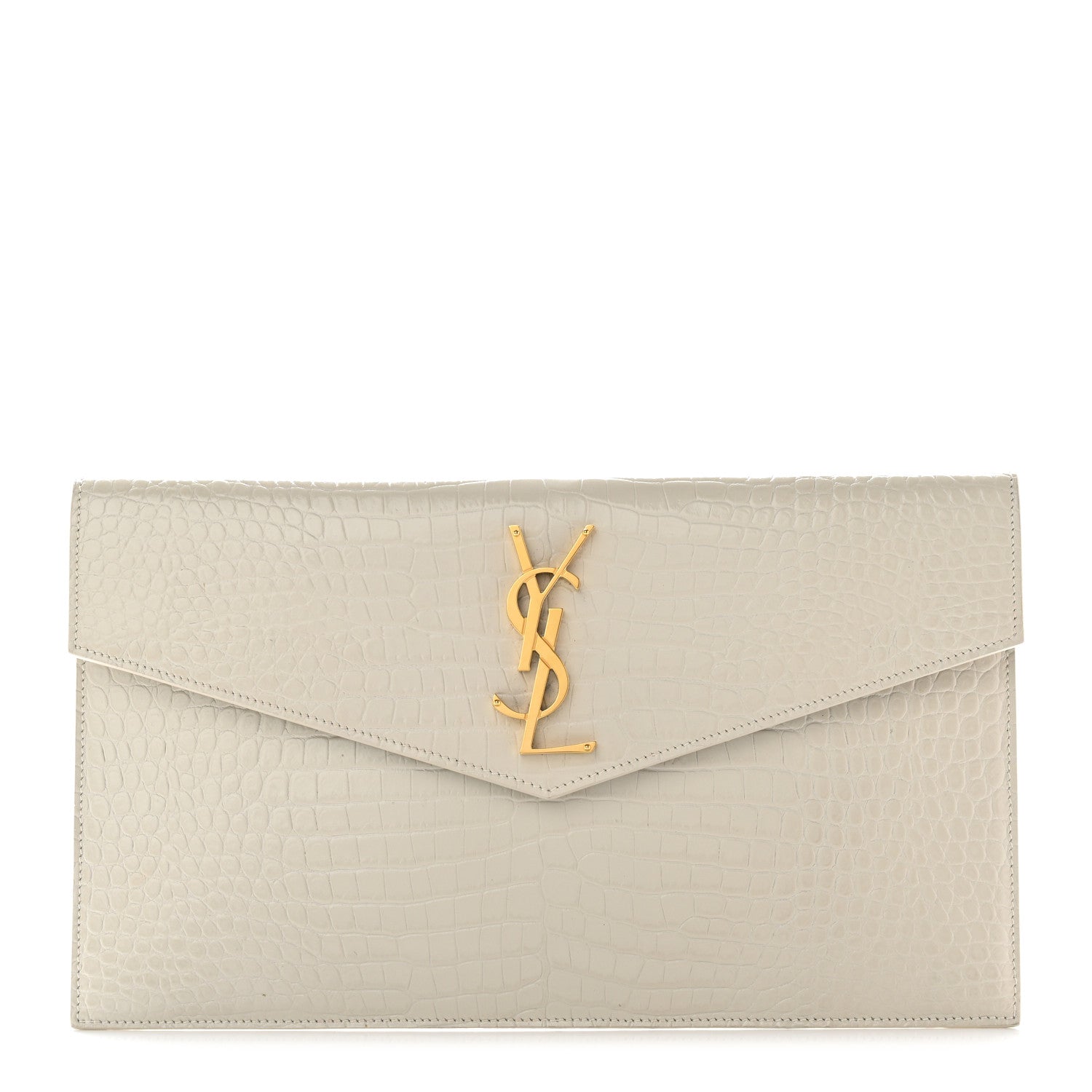 Saint Laurent Calfskin Crocodile Embossed Uptown Monogram Pouch Crema Soft 1 of 13