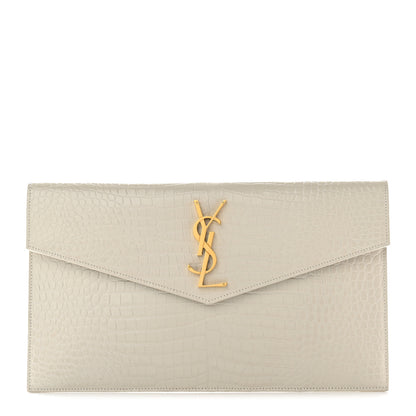 Saint Laurent Calfskin Crocodile Embossed Uptown Monogram Pouch Crema Soft 1 of 13