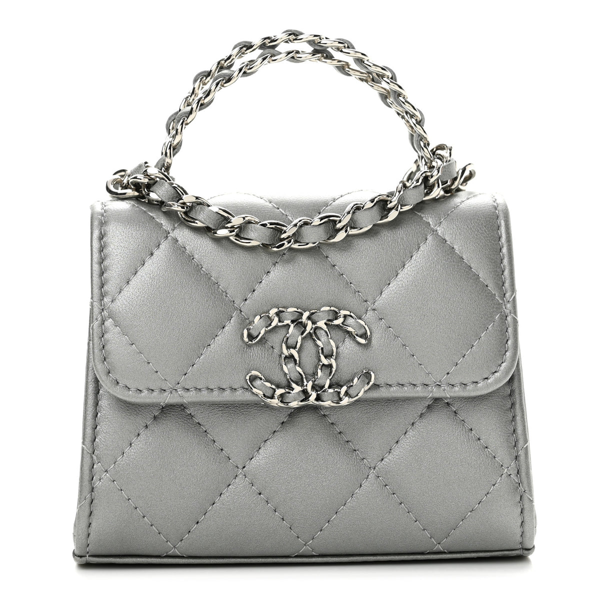 Metallic Lambskin Quilted Mini Chain CC Top Handle Clutch With Chain Silver