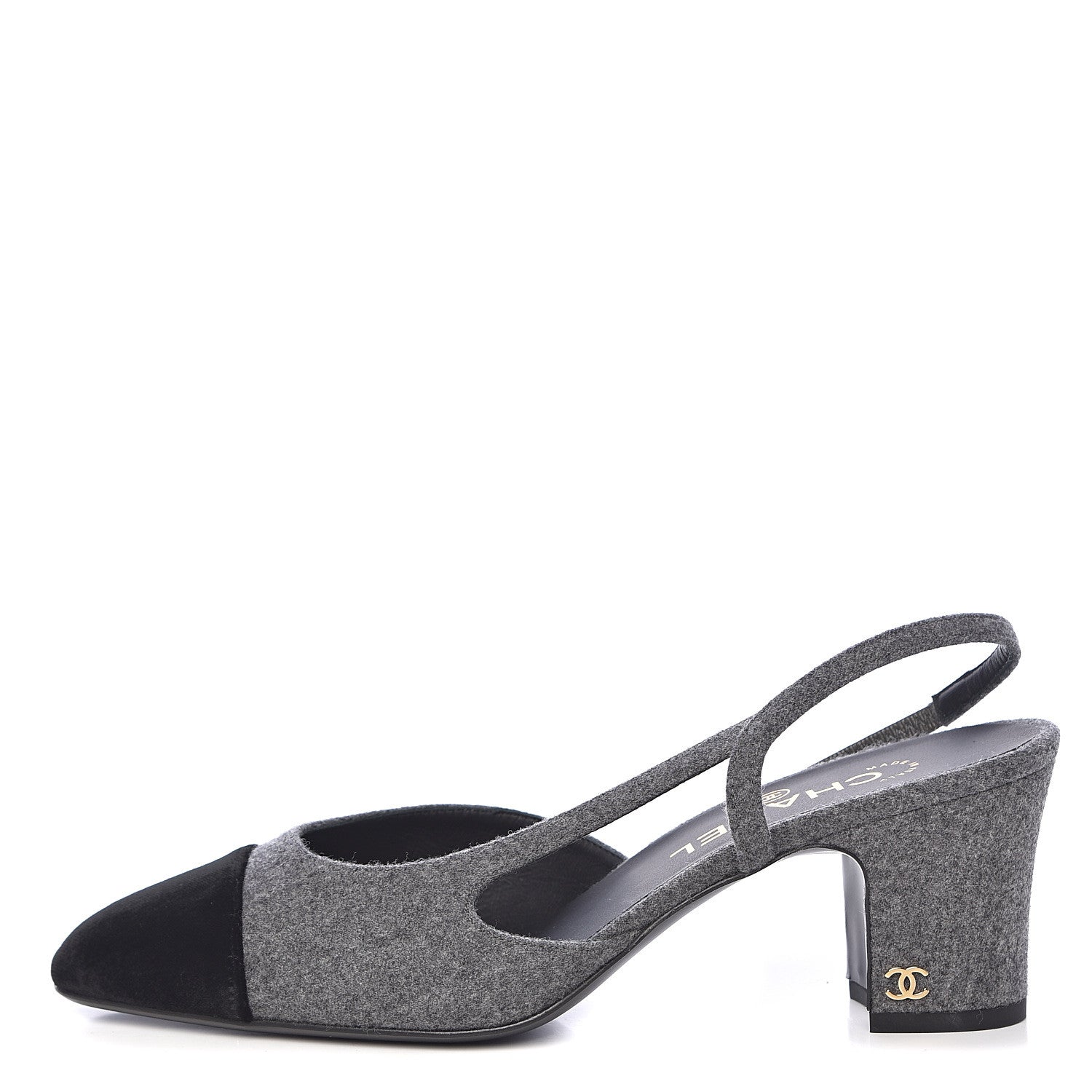 Chanel Wool Velvet Cap Toe CC Slingback Pumps 38 Black Grey 1 of 11