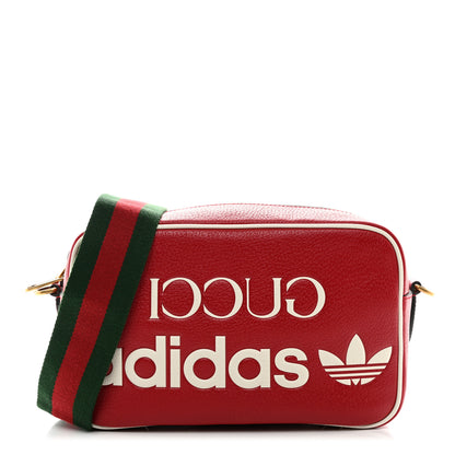 Gucci X ADIDAS Textured Dollar Calfskin Web Trefoil Logo Small Messenger Bag Hibiscus Red Off White 1 of 10
