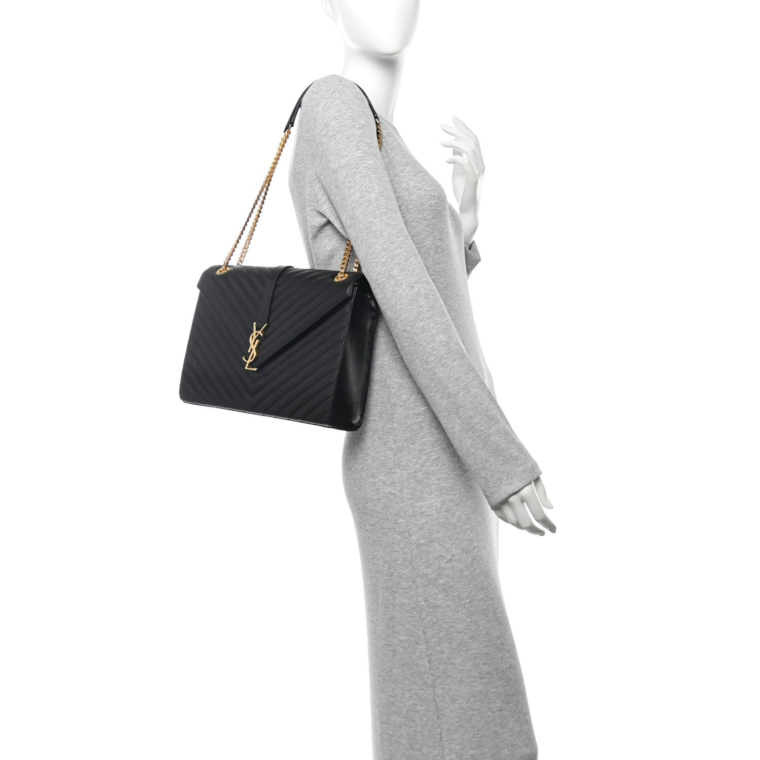 Saint Laurent Grain De Poudre Matelasse Chevron Large Monogram Satchel Black 2 of 9