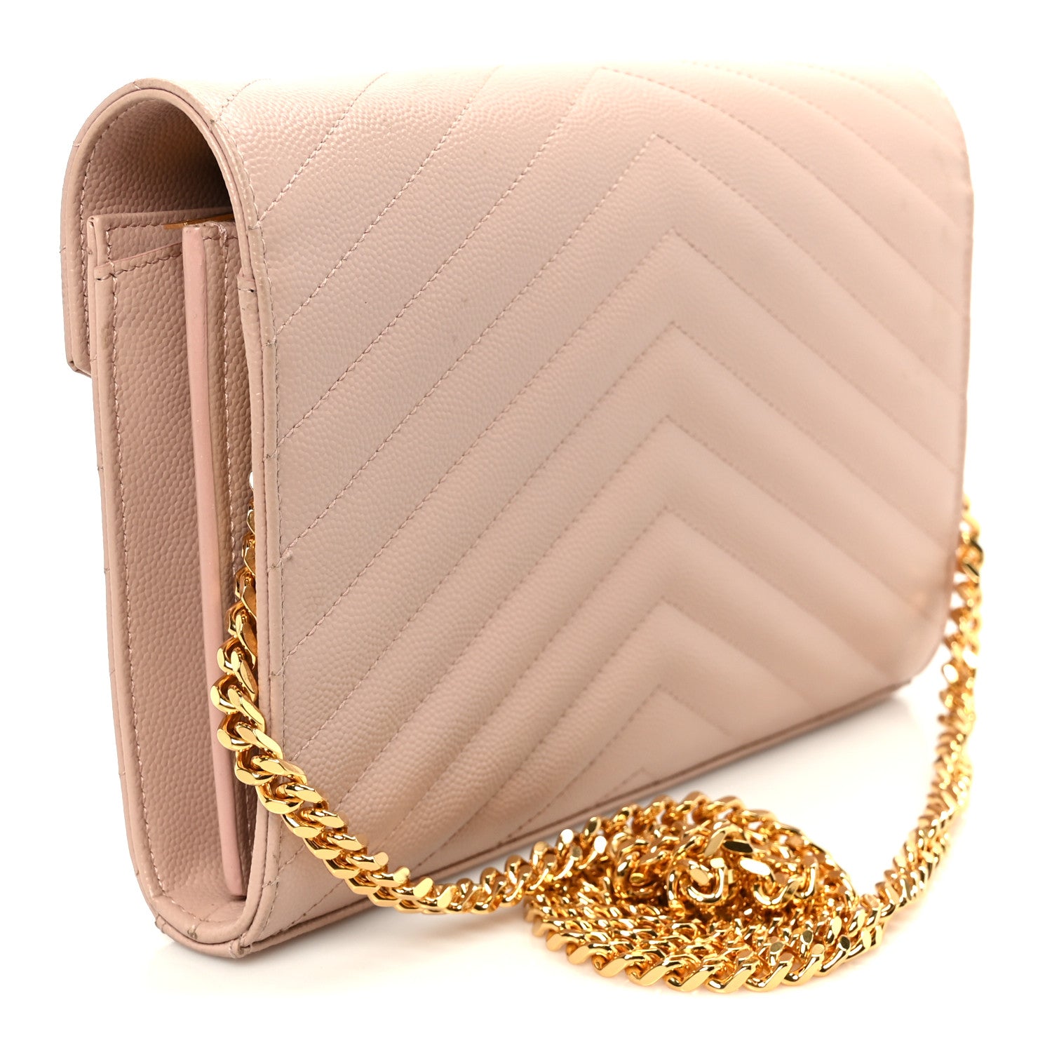 Saint Laurent Grain De Poudre Matelasse Chevron Monogram Chain Wallet Pale Pink 3 of 11