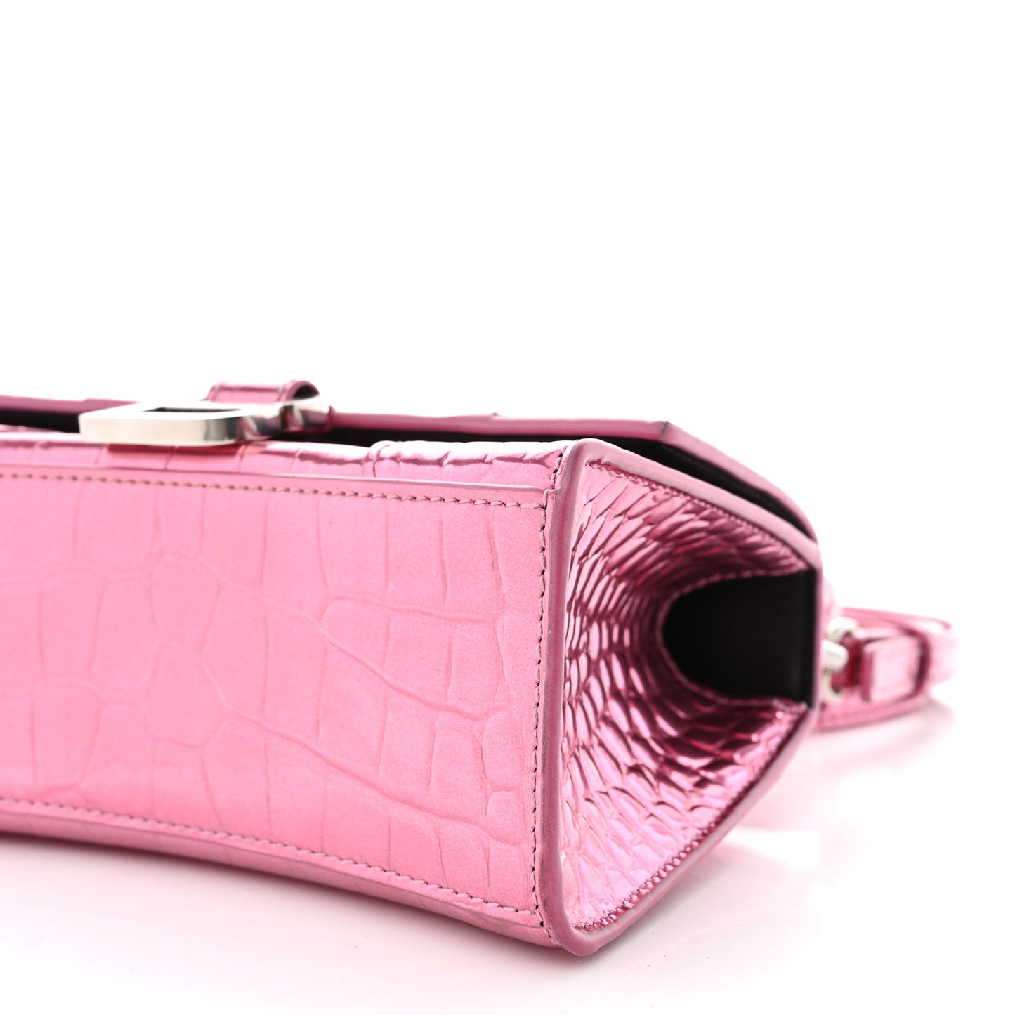 Metallic Shiny Calfskin Crocodile Embossed Hourglass Top Handle Bag XS Pink